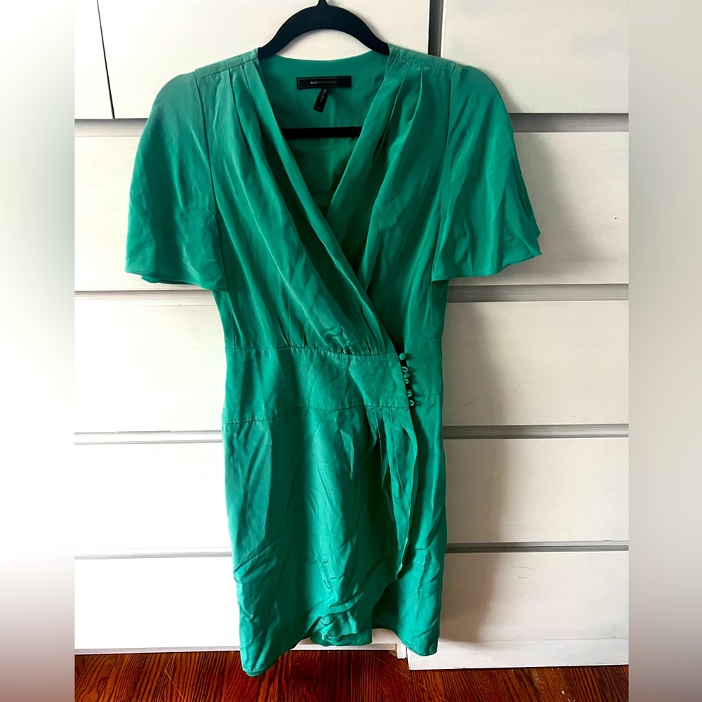 BCBGMAXAZRIA Green Faux Wrap  Flutter Sleeve Dress SzXXS